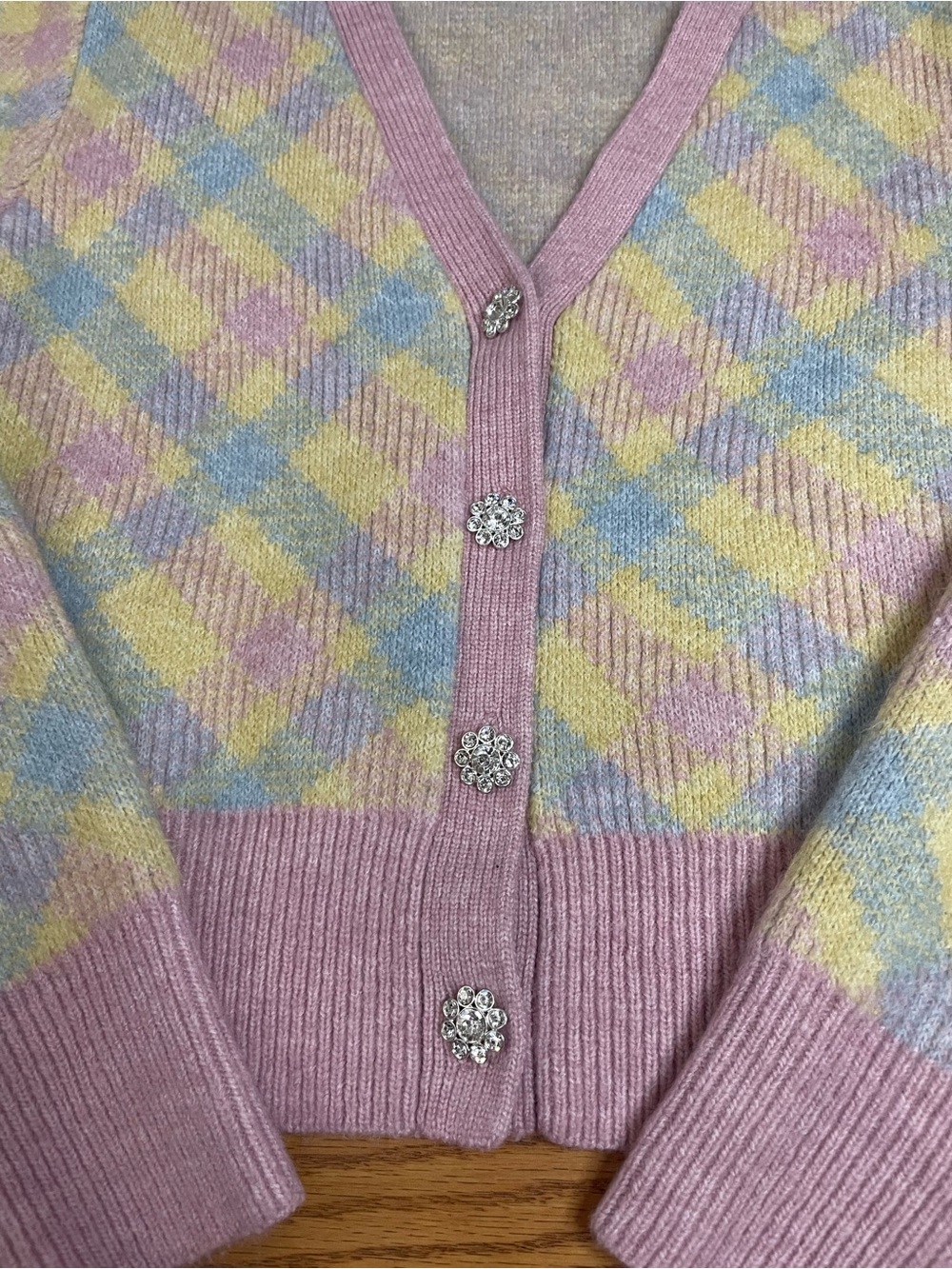 Zara Pastel Argyle Fuzzy Knit Cardigan Jewel Button Sweater Size M - Picture 7 of 11